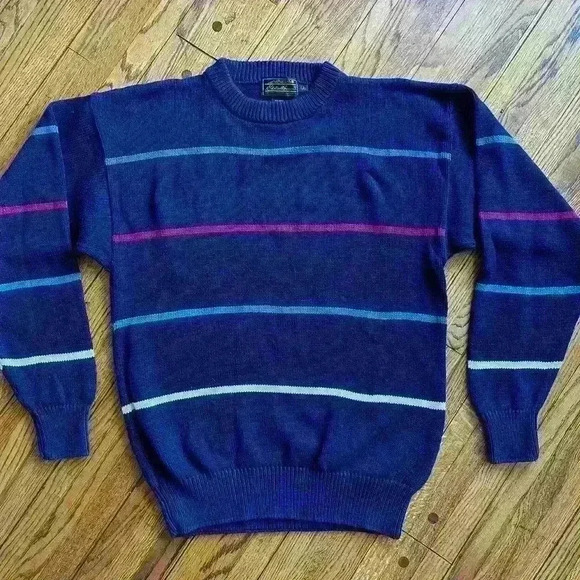 Vintage Eddie Bauer navy blue striped crewneck knit sweater size Large - Picture 2 of 5